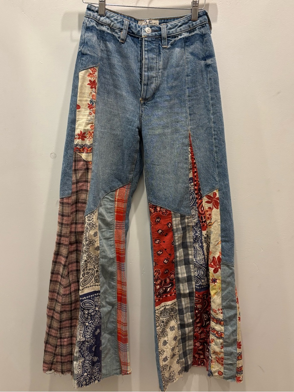 We The Free Patchwork Wide-Leg Jeans — Blue with Red & Navy Accents